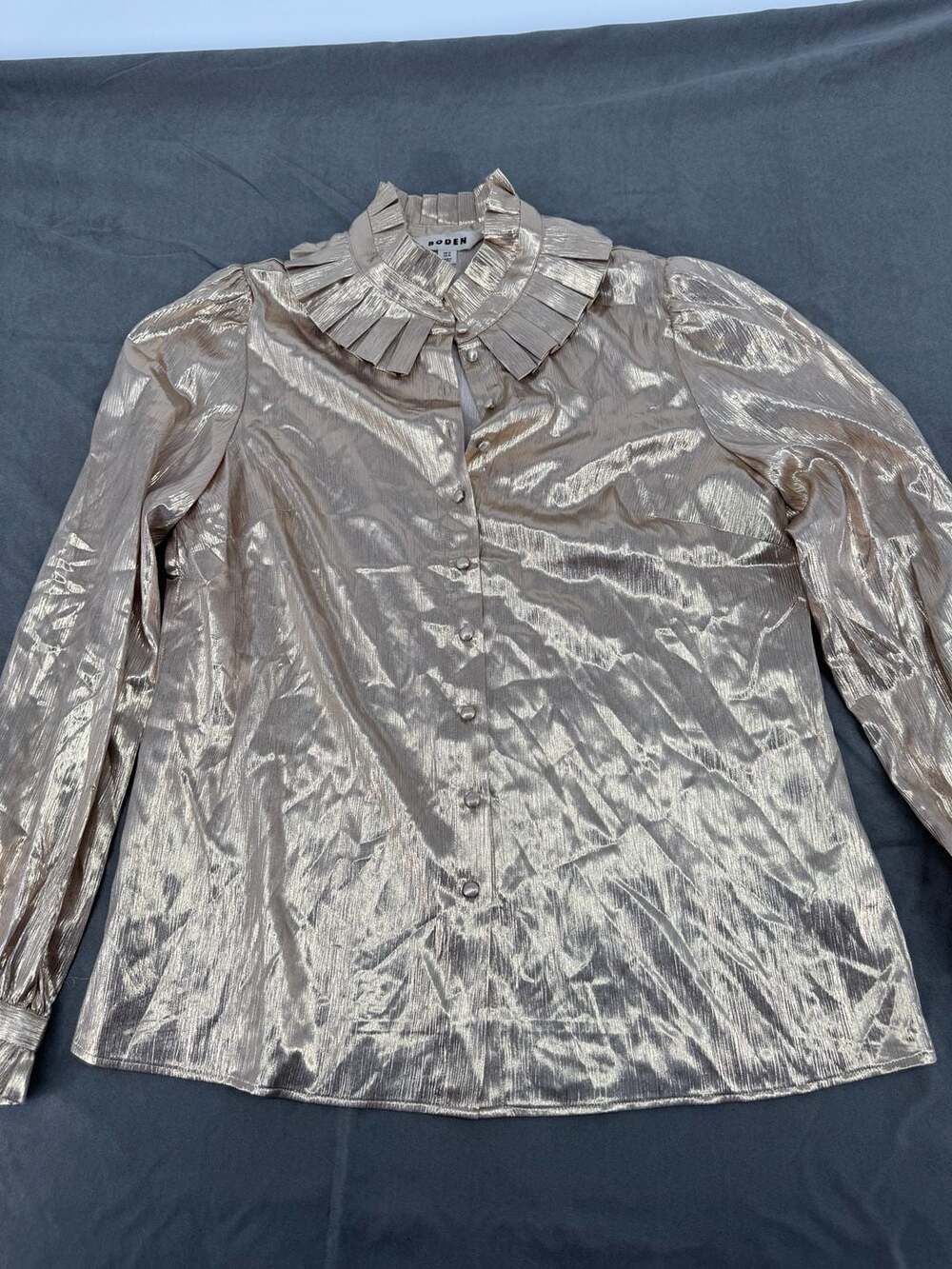 Boden Gold Metallic Pleated Ruffle Collar Button-Down Long Sleeve Blouse